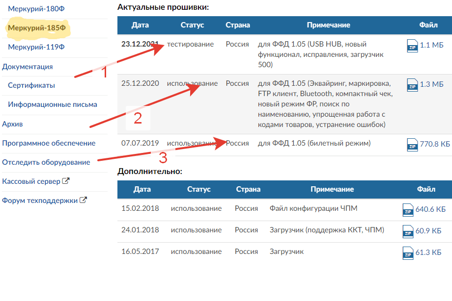 Выбираем необходимые версии прошивки кассы 