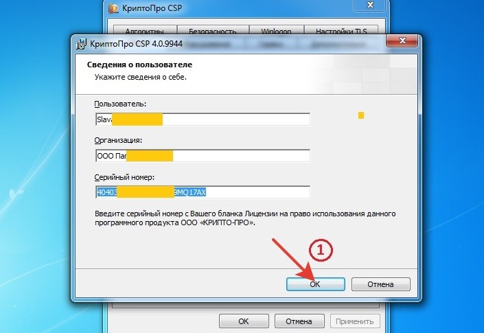 Ввод лицензии Крипто Про при установке